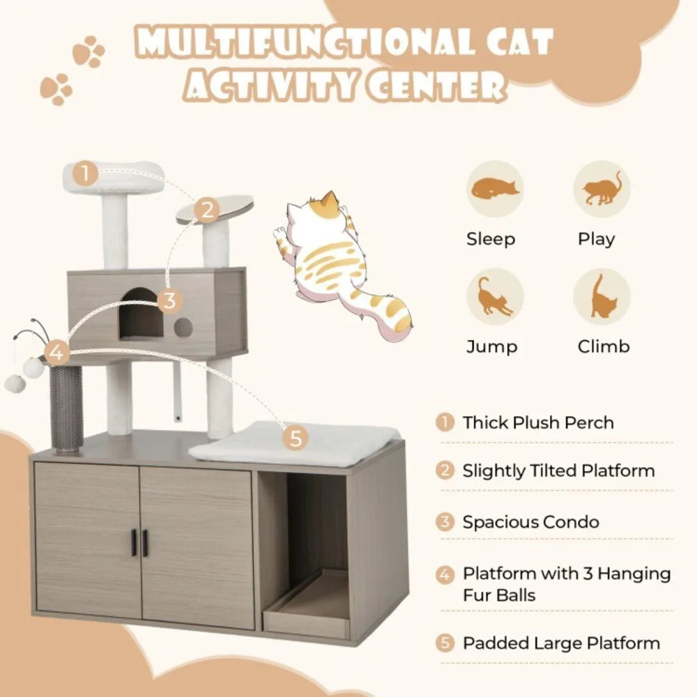 2-in-1 Modern Furniture Cat Tree Tower Activity Center With Litter Box Enclosure