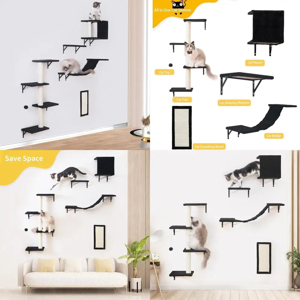 5-Piece Wall-Mounted Cat Furniture Set: Wooden Climbing House, Bridge, Tree, Steps, Scratcher in Black