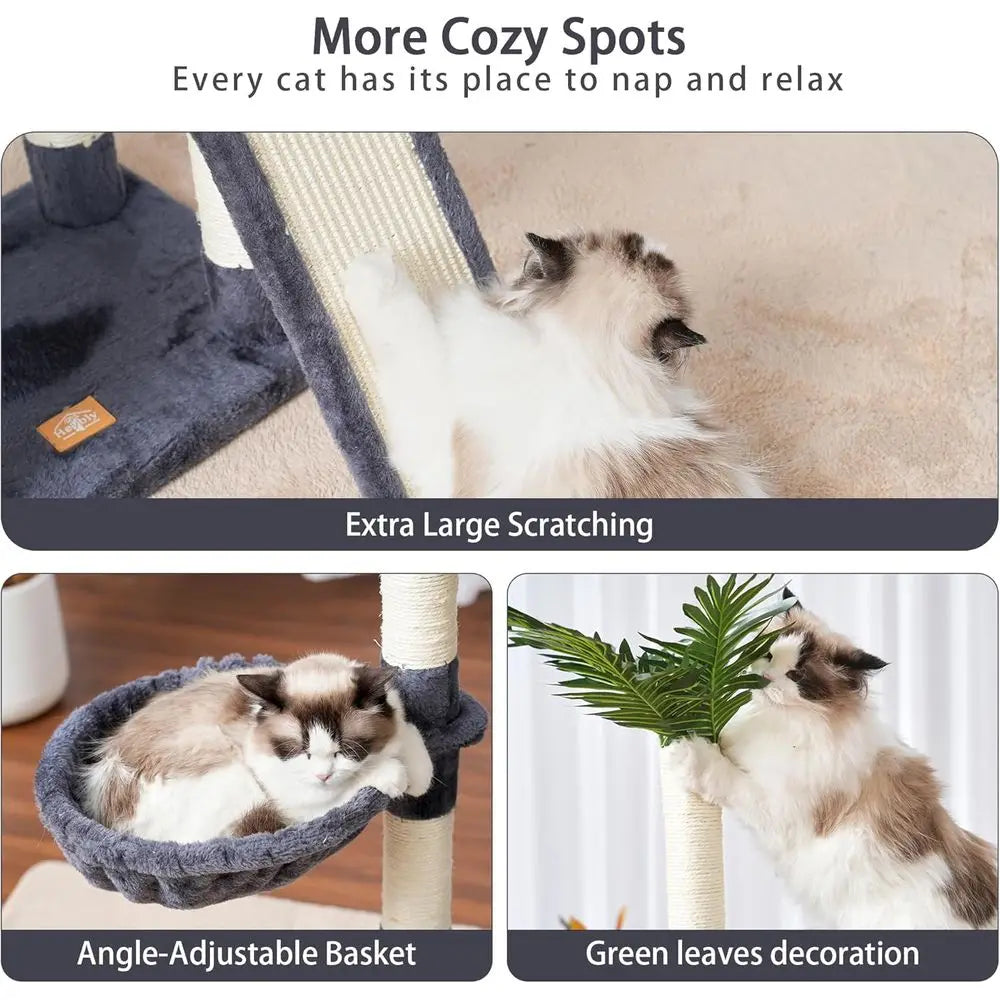 Heybly Cat Tree,Cat Tower for Indoor Cats, 65.4 inches Cat Condo with Perches, Basket, Feeding Bowl Station, Multi-Level Plush F