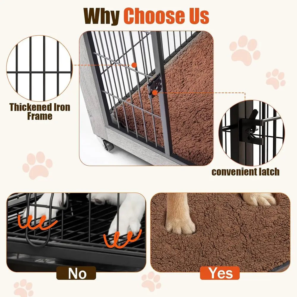 Gray 38 Dog Crate Furniture with Cushion, Wooden Indoor Kennel Cage, Double Wheels, Decorative Side Table for Large & Medium Dog