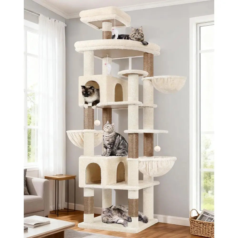 Sturdy 82in High Cat Tower for Large Cats with 8 Scratch Posts, 2 Condos, 2 Perches, 3 Baskets, Beige