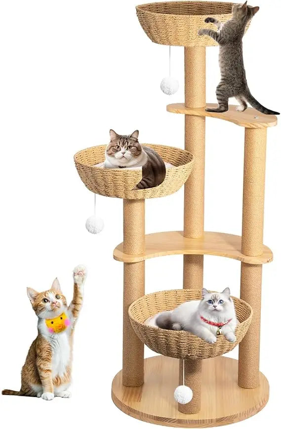 Oak Wood Indoor Cat Tower with 3 Woven Nests and 8 Scratching Levels for Large Cats