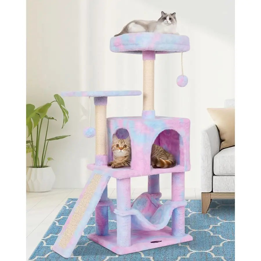 PAW Rainbow Cute Cat Tree for Indoor Cat Tower with Scratching Post Modern Activity House Hammock Hanging Ball Condo with Board
