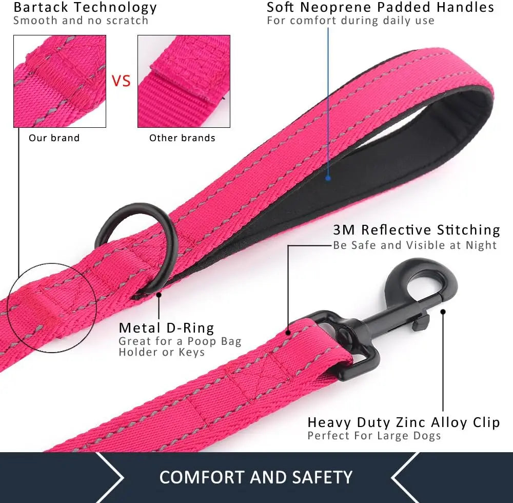 Double Handle Dog Leash 6ft Long, Padded Heavy Duty Reflective Training Lead for Medium Large Dogs in Pink