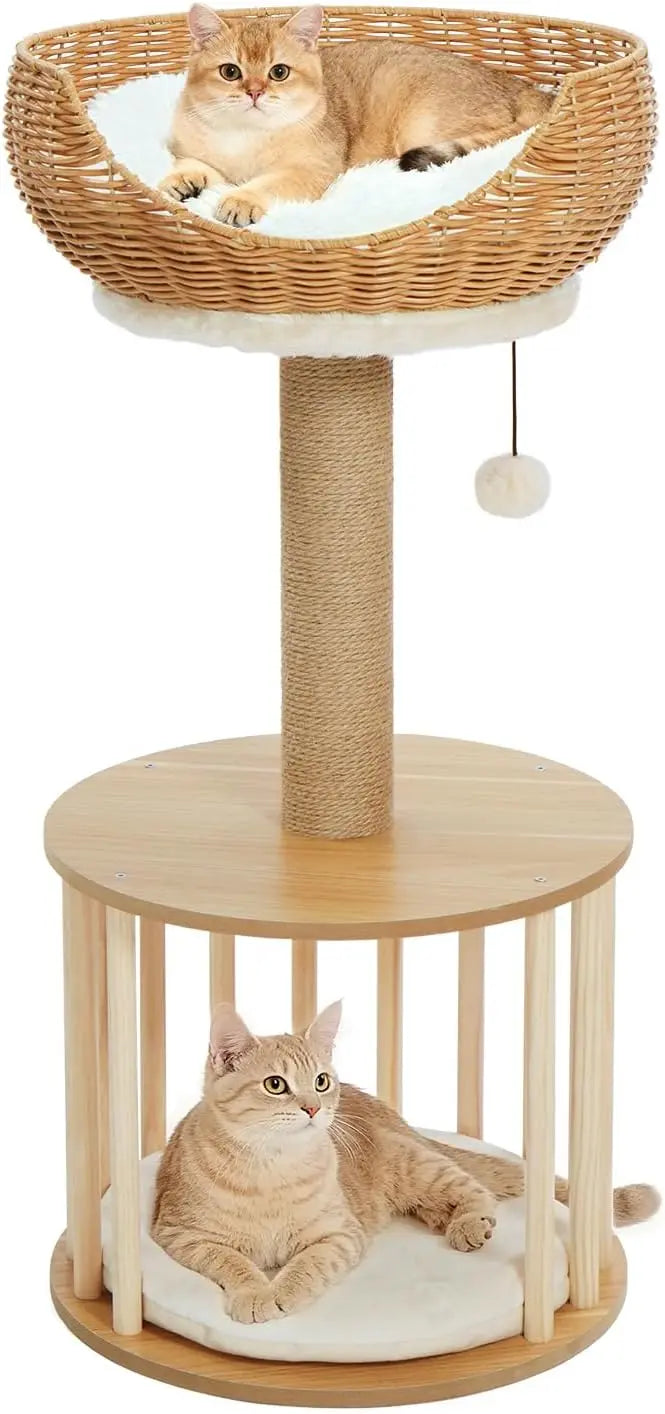 30in PE Rattan Cat Tree Tower with Scratching Post, Birdcage-Style Wooden Condo, Reversible Cushion & Thickened Base
