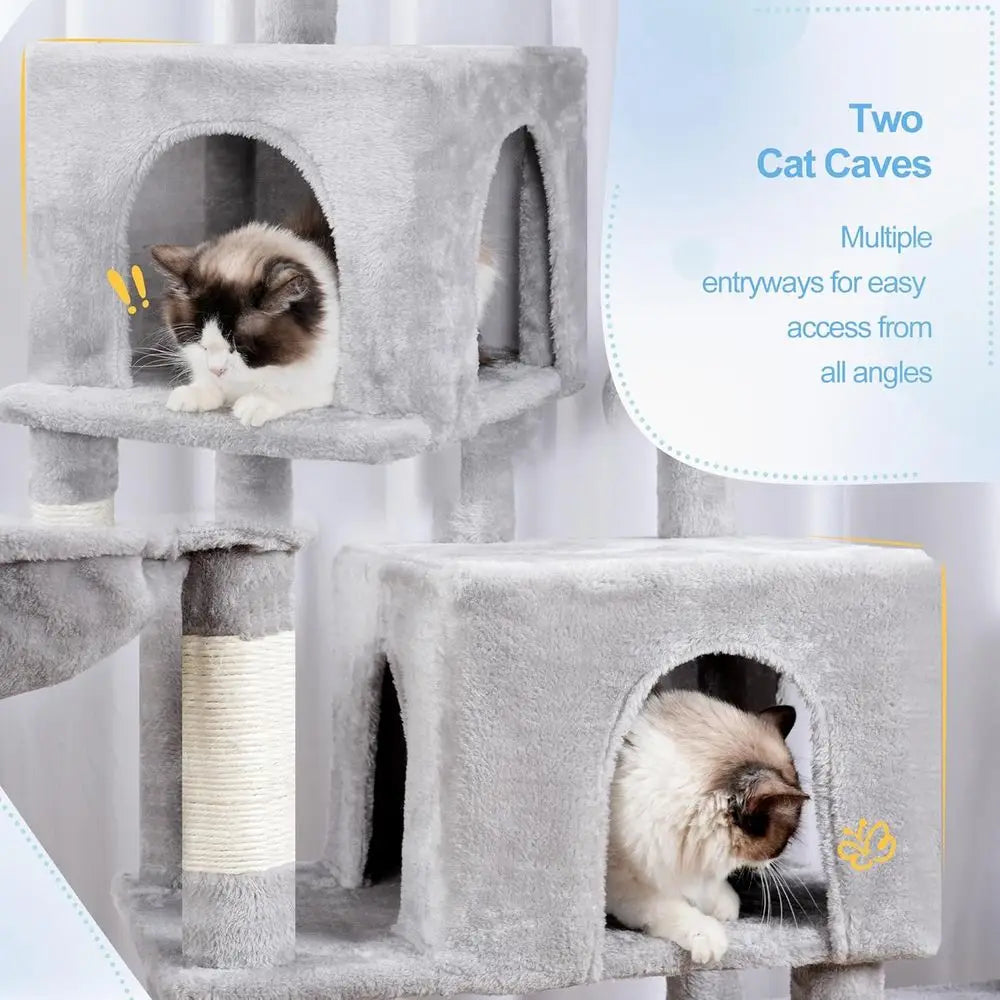 Indoor Cat Tree Tower with Extended Scratching Post, Wide Platforms, Cozy Condos, Hammocks, Sisal Columns, and Ball, 70.1, Light