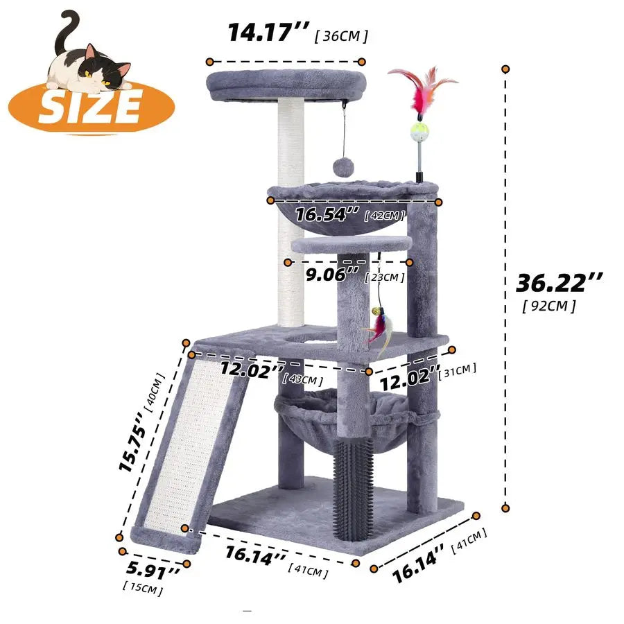 Cat Tree for Indoor Cats, Cat Tree Tower with Big Cat Hammock and SelfGrooming Brush, Cat Tower with Scratch Ladder, Indoor Clim