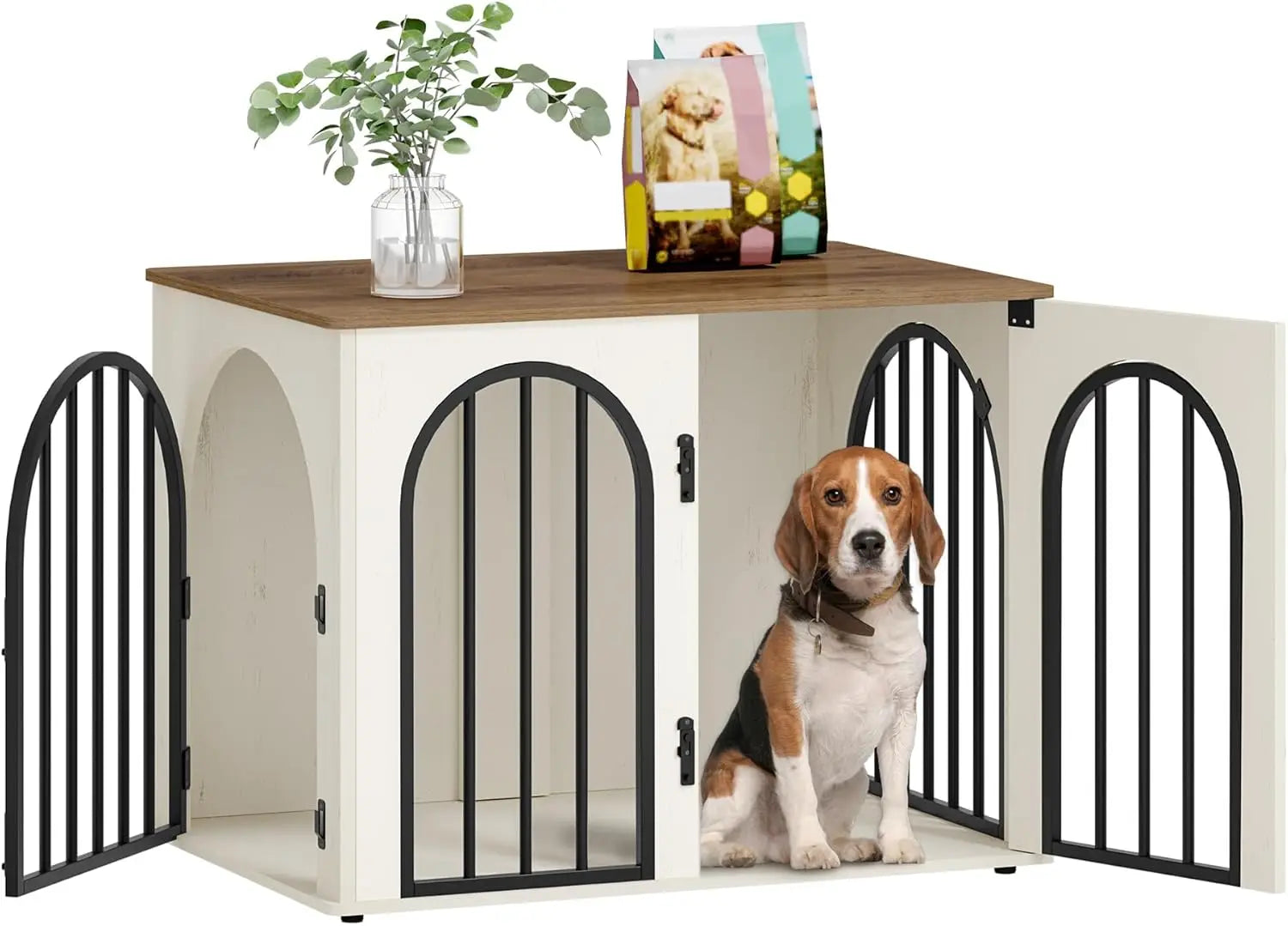 31.5'' Wooden Dog Crate Furniture, Indoor Kennel for Small/Medium Dogs, Heavy Duty Pet Cage with TV Stand Function