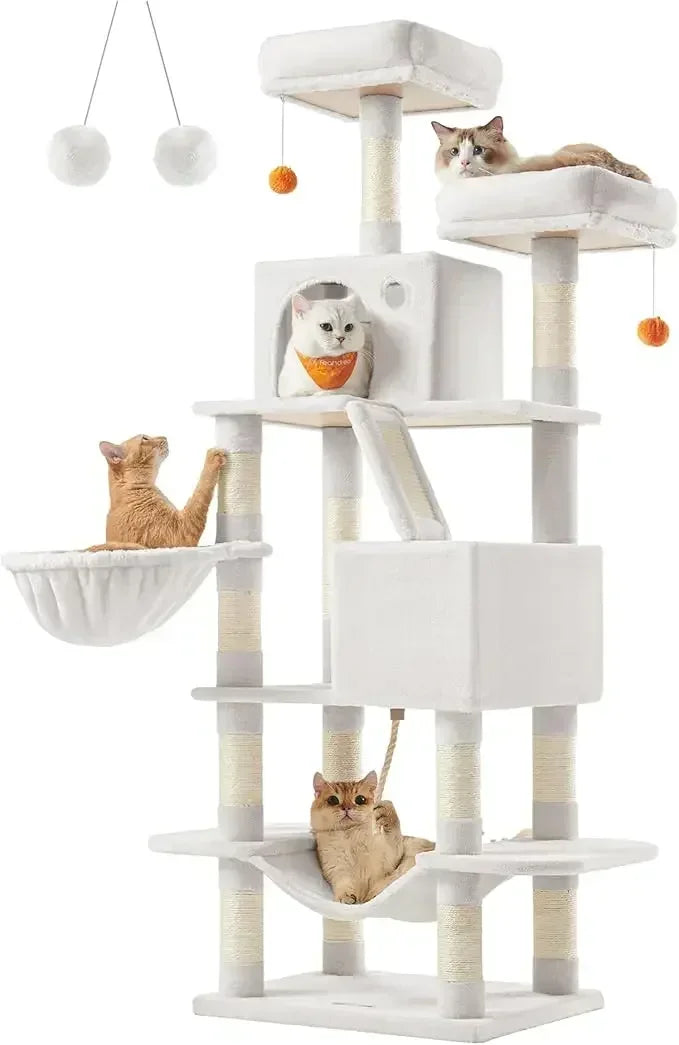 Hot salesFeandrea Cat Tree, 66.1-Inch Large Cat Tower with 13 Scratching Posts, 2 Perches, 2 Caves, Basket, Hammock, Pompoms, Mu