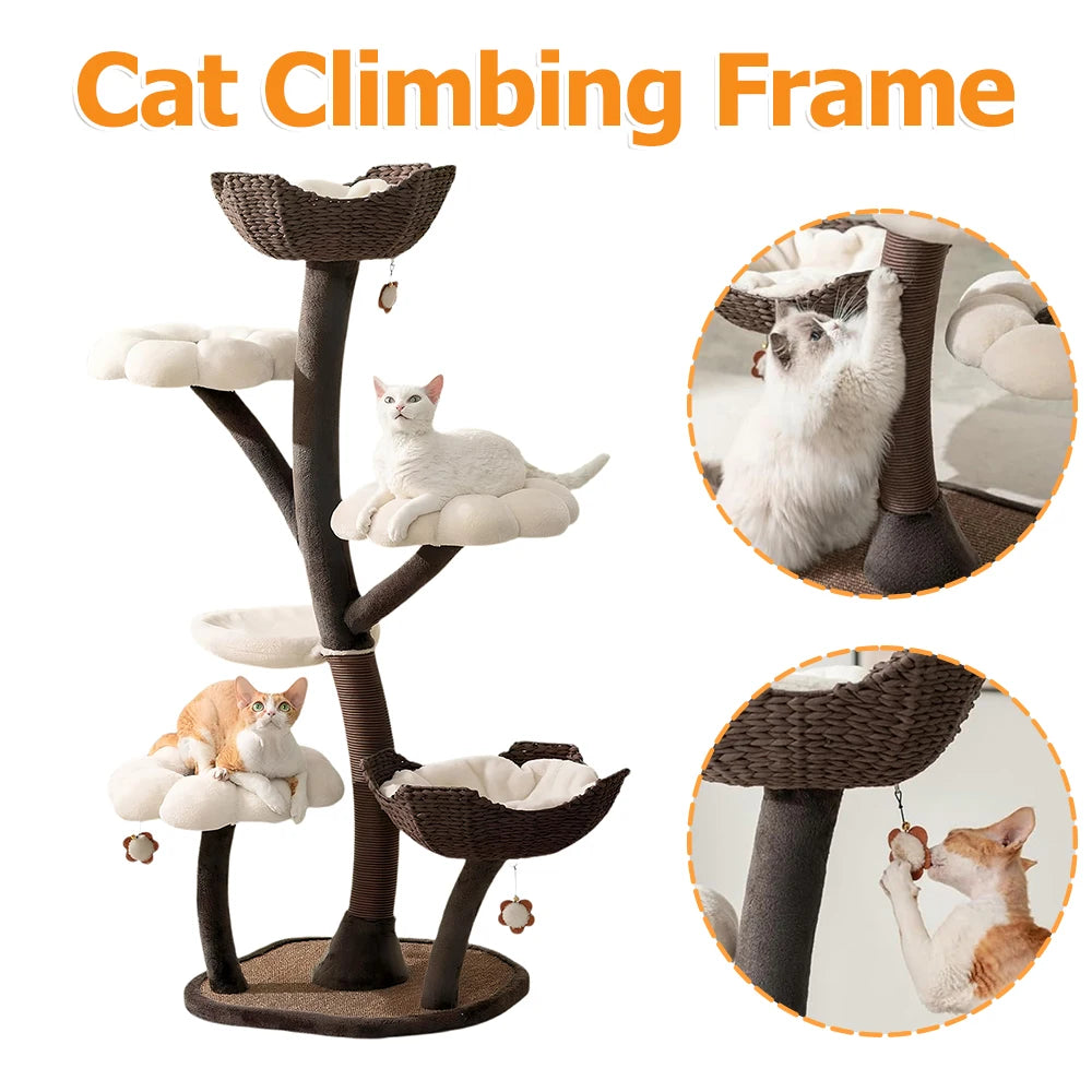 59In Deluxe Cat Tower 59Inch Pet Multi-Level Activity Center with Scratching Posts Flower Design Plush Perches for Indoor Cats