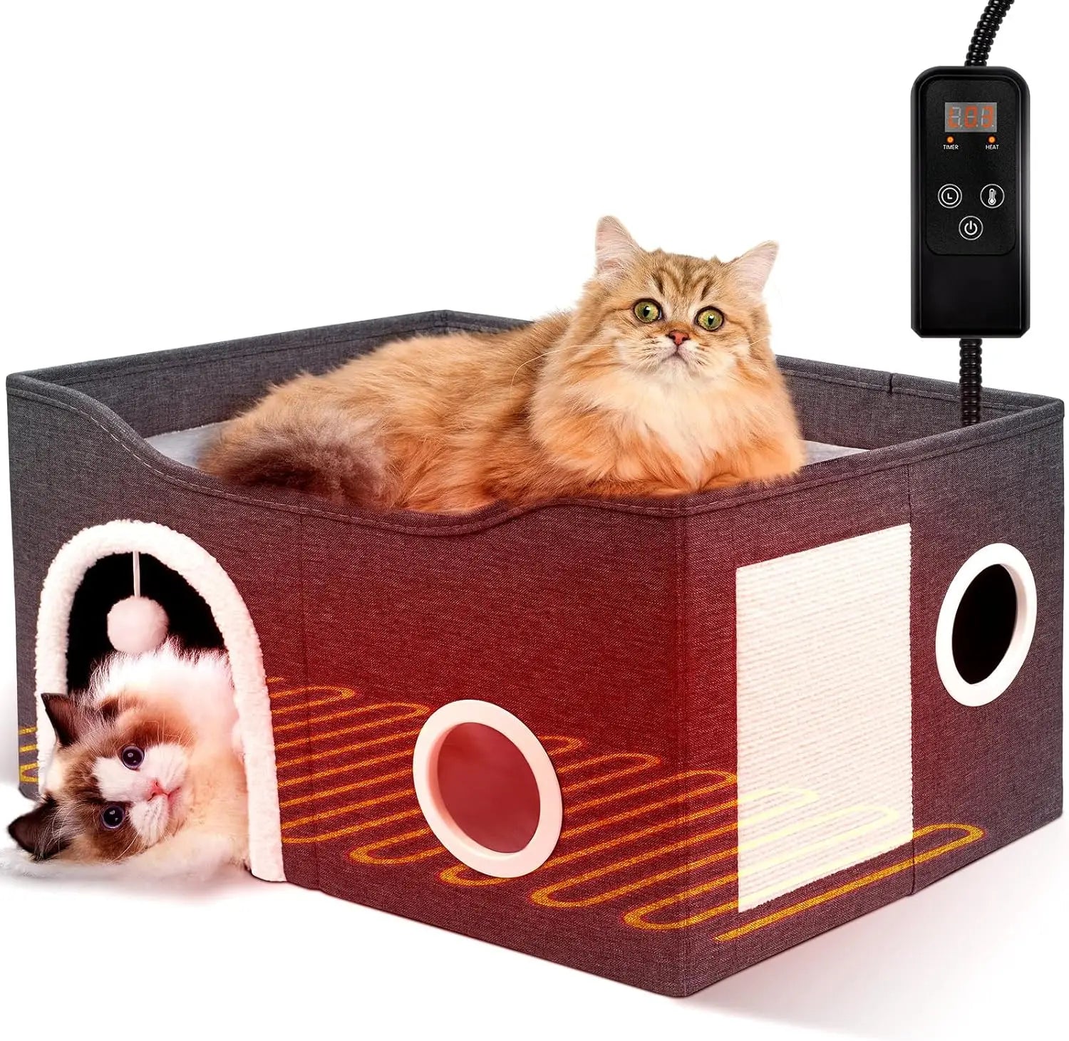 Indoor Heated Cat House with Adjustable Temperature, Timer, and Chew-Resistant Cord for Small to Large Cats