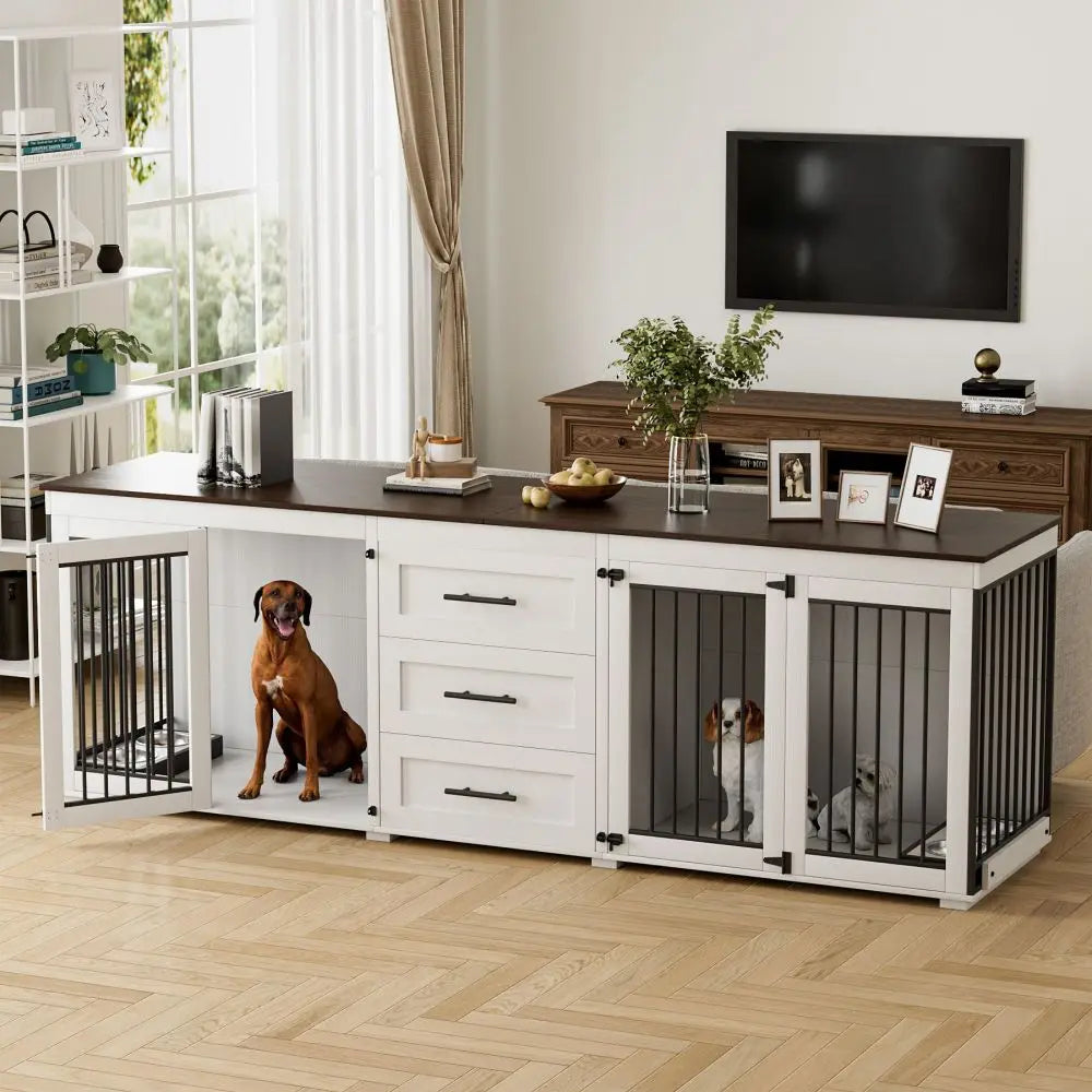 94.5" Large Dog Crate Furniture for 2 Dogs TV Stand w/3 Storage Drawer &4 Bowls