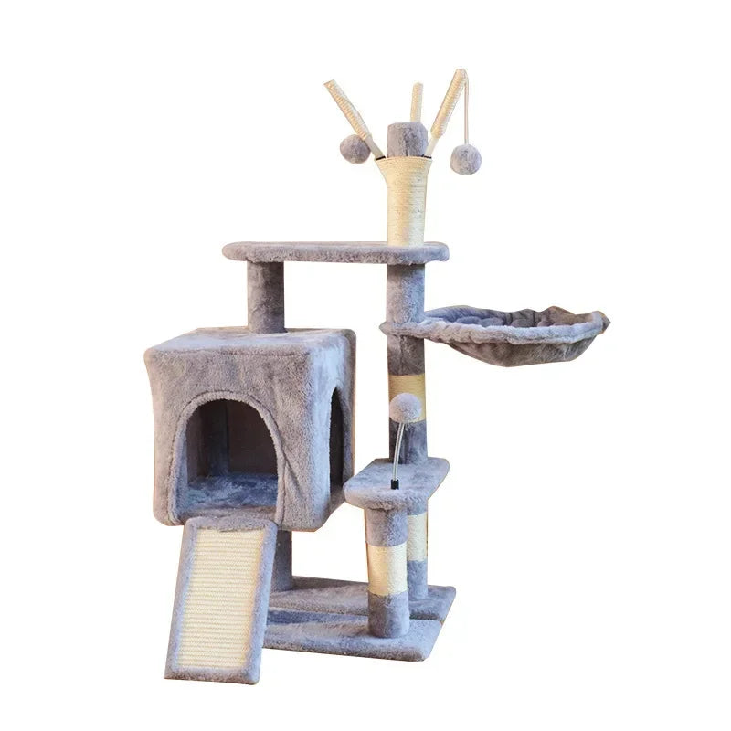 Compact Cat Tree Tower with Padded Perch Cat Cave & 3 Pompoms Small Cat Activity Center for Play Rest Stylish Smoky Gray