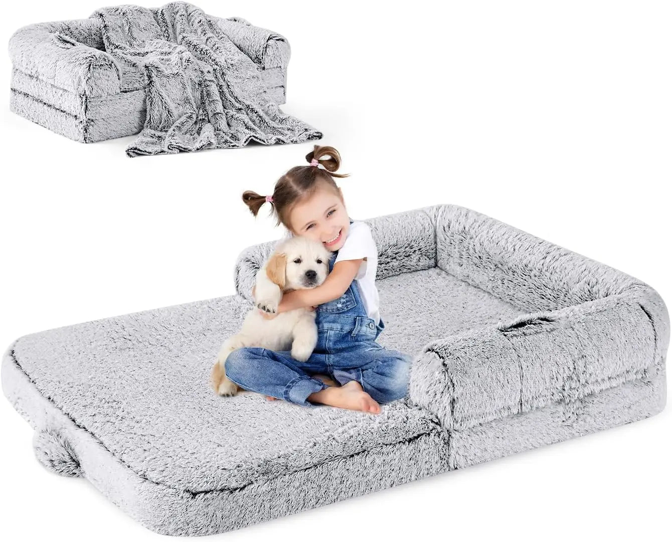 Large Foldable Dog Bed for Kids and Pets, Orthopedic Memory Foam Sofa with Blanket, Grey 54x38 Inches
