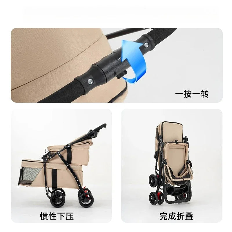 Double Pet Stroller Foldable Stroller for 2 Dogs Cats Two-Seater Carrier Twin Dog Walk Jogger Travel Carriage with Cup Storage
