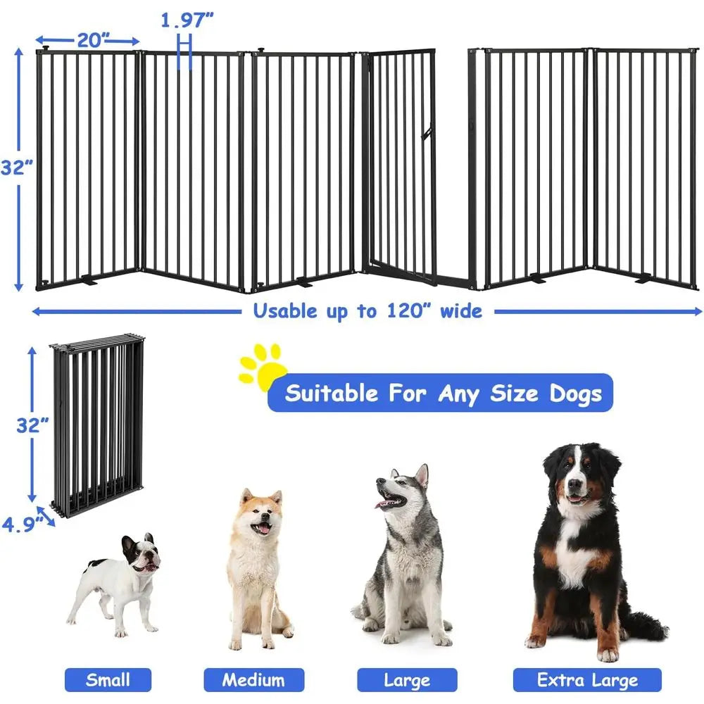 6 Panels Metal reestanding Dog Gates with Door,120''W Detachable oldable Dog ence Indoor Outdoor Puppy Gate, 32''H ree Standing