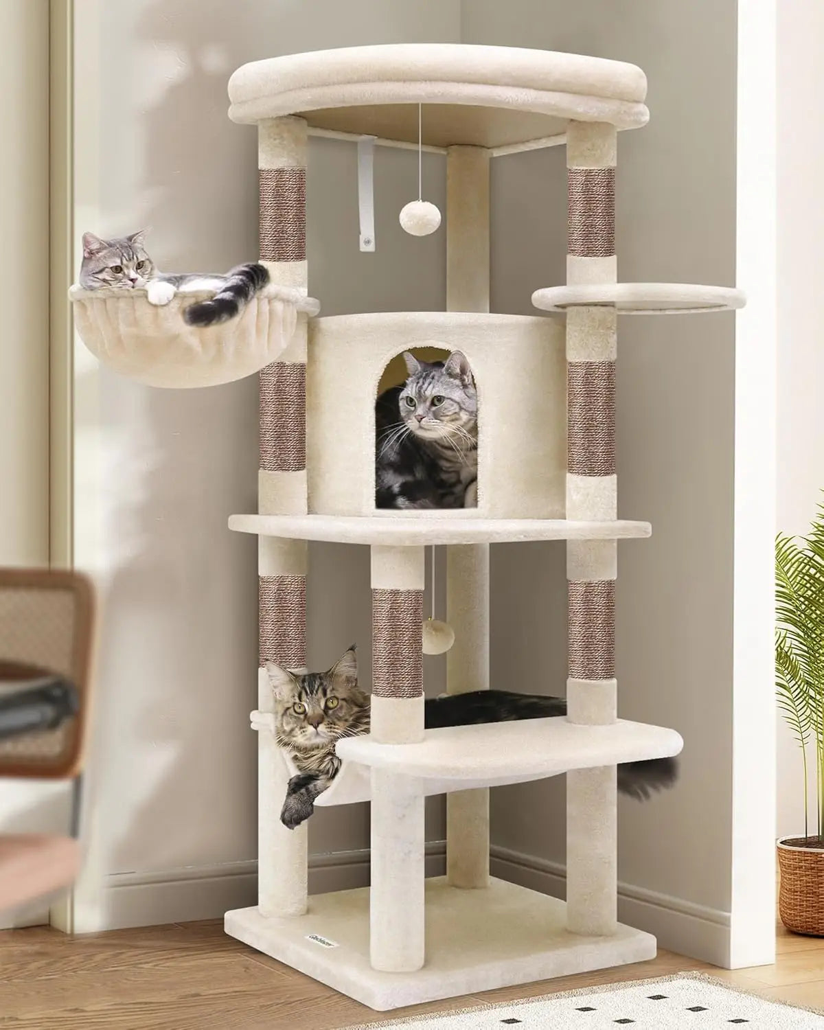 51in Corner Cat Tree with Hammock, 7 Sisal Scratching Posts, Large Platform for Indoor Cats, Beige Modern Cat Tower