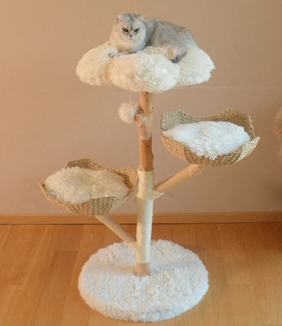 Light luxury natural fruit wood cat tree solid wood rattan cat nest big cat tower suitable for multiple cats to play