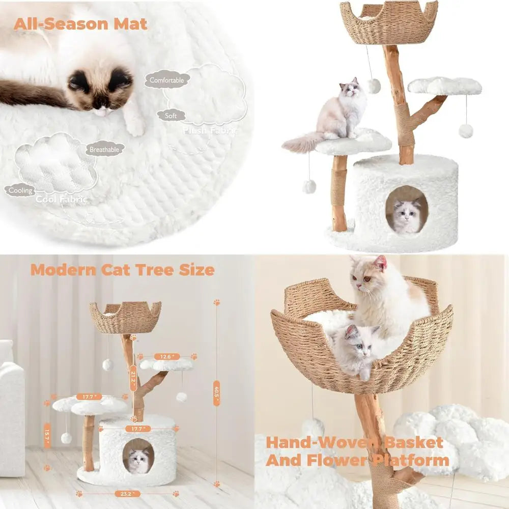 Luxurious Aesthetic Wood Cat Tower for Large Cats with Scratching Posts and Flower Platforms, White Rabbit Hair