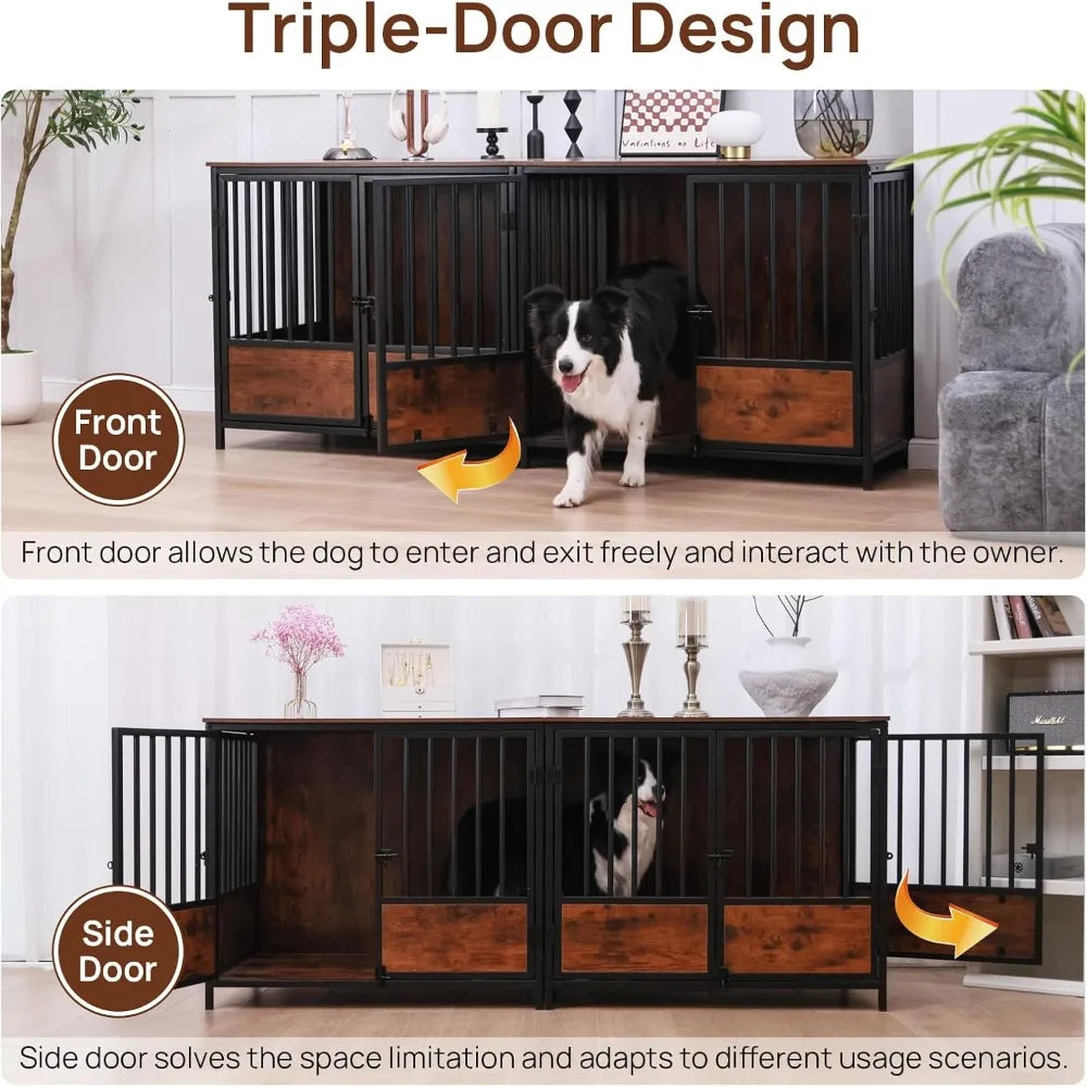 75" Wooden Dog Crate Furniture – Chew-Resistant Kennel for Medium/Large Breeds,with 3.1" Raised Feet, 3-Door Indoor Kennel