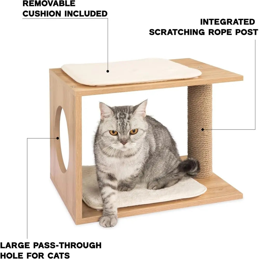 Indoor Wooden Cat Tree with Scratching Post, Cozy Bed, and Elevated Perch for Small Spaces