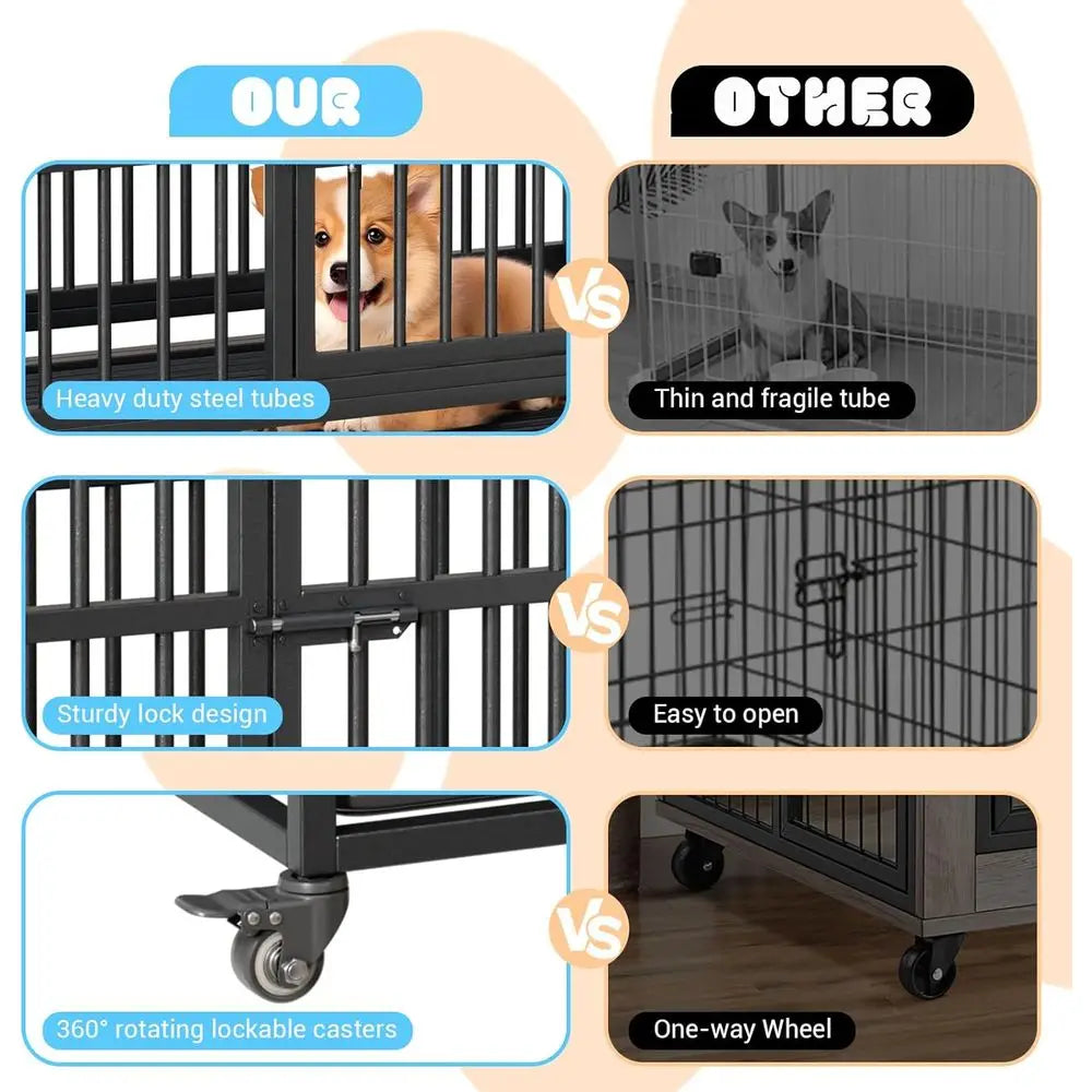 37 Heavy-Duty Dog Crate, Double-Door, 360° Wheels, Removable Tray, Easy Assembly for Small to Large Dogs