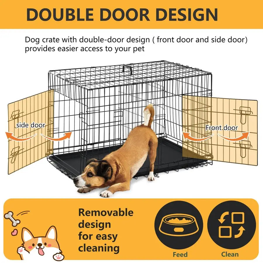 Dog Crate Dog Kennel Cage with Double Door,36 inch Folding Metal Wire Dog Cage with Removable TrayDivider Panel,Pet Crate for Me