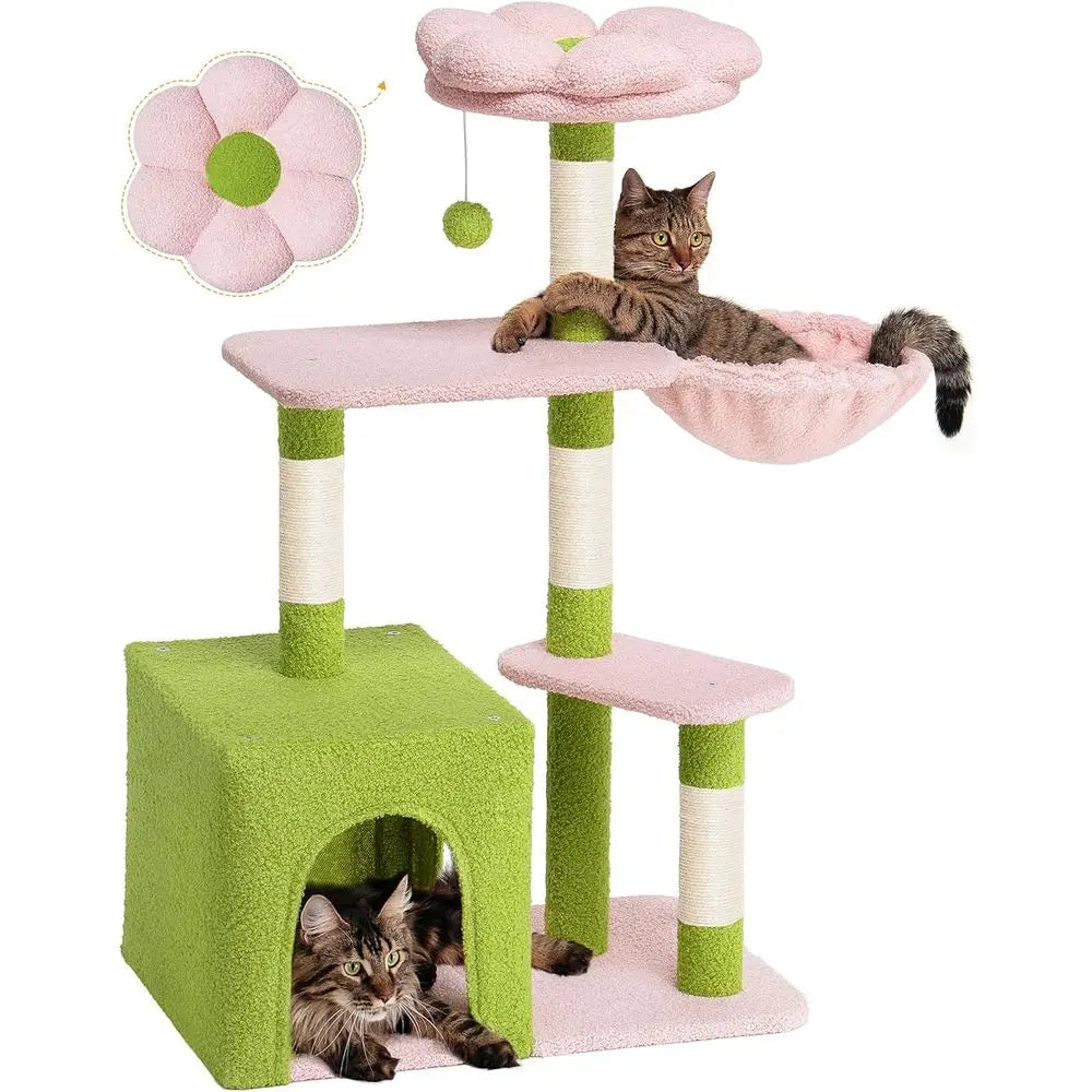 2-Door Large Cat Condo Cave Bed, 41.2 Cat Tower with Scratching Posts, Cozy Perch and Hammock for Big Adult Cats, Green Pink