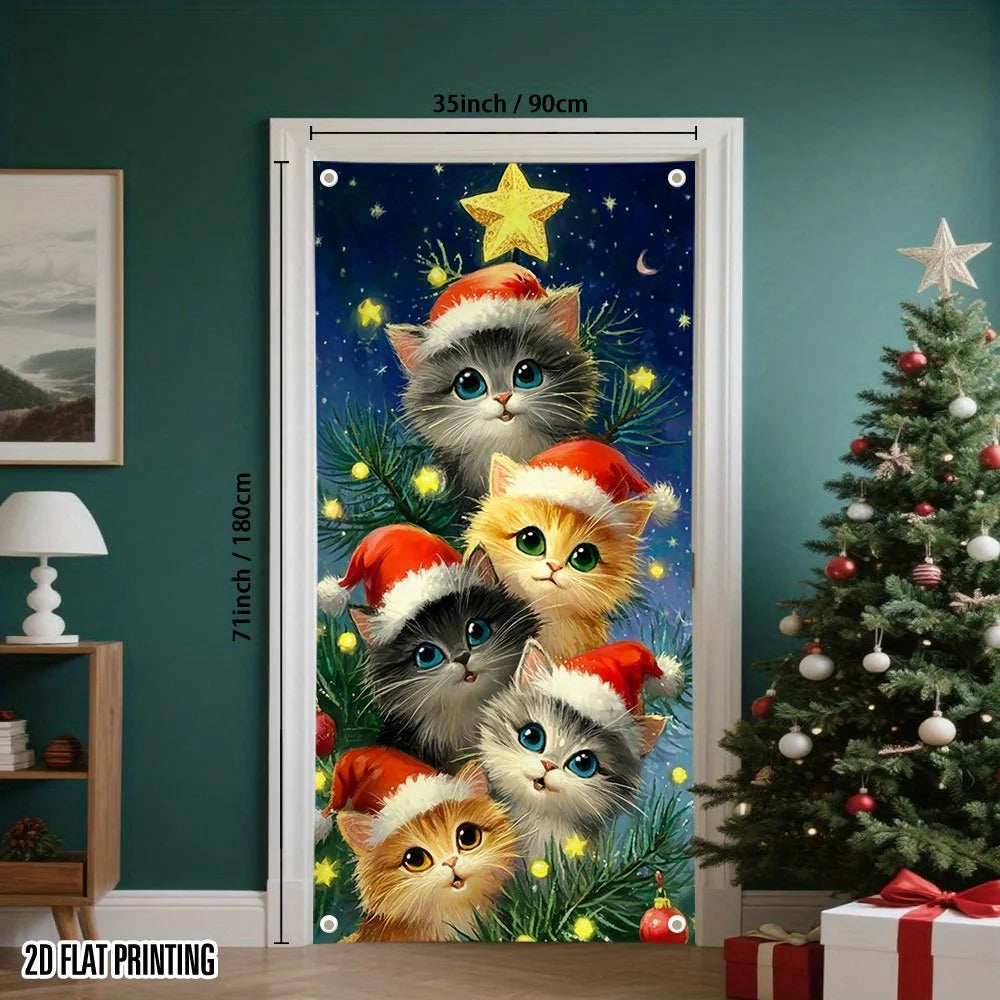 2D flat banner 1PC The Christmas cat tree and Santa hats perfectly decorate your home entrance for Christmas and New Year