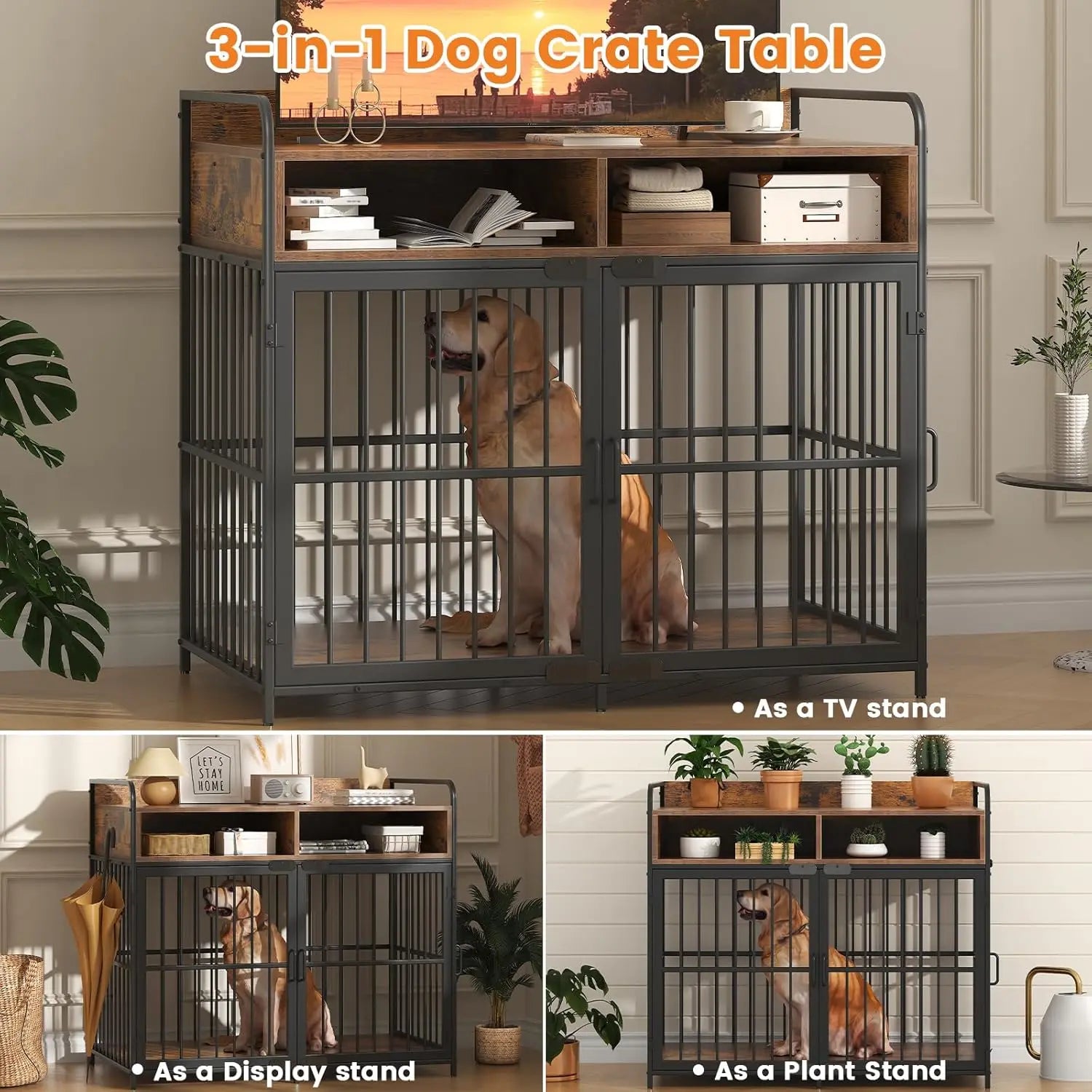 Dog Crate, Dog Kennel Indoor, Wood Dog Cage Table with Drawers Storage, Heavy Duty Dog Crate, Jaula para Perros, Sturdy Metal