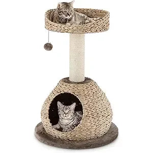 Small Rattan Cat Tower with Sisal Post & Toy Ball Indoor Pet Interactive Furniture with Top Perch
