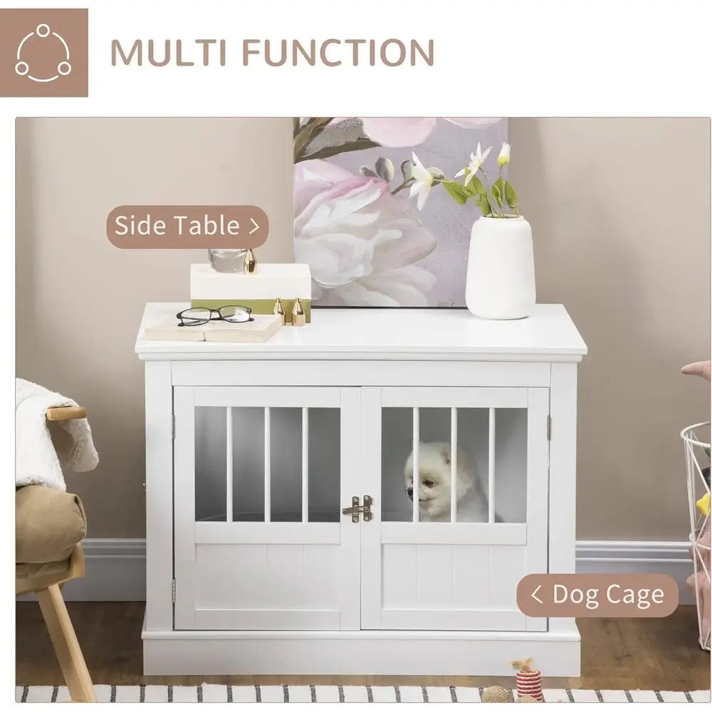 Wooden Triple Door Dog Crate Table, Indoor Furniture for Small Dogs, White