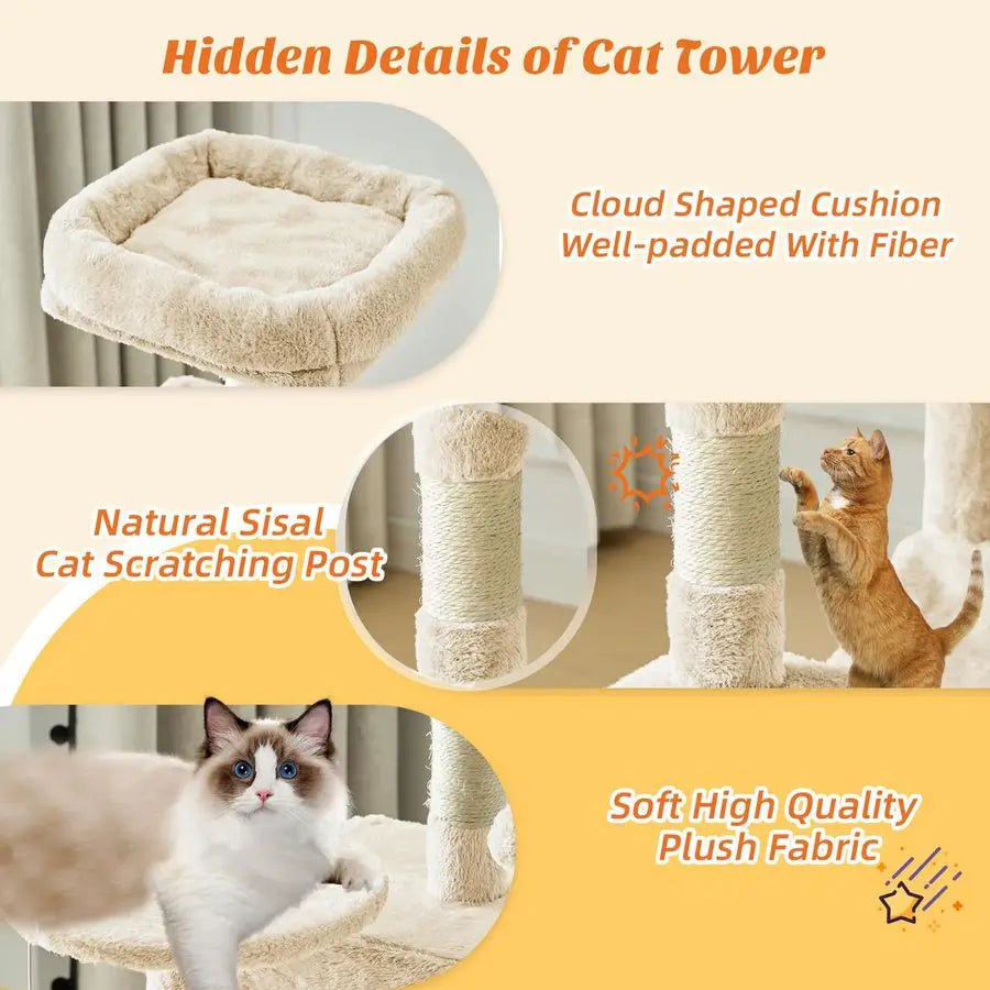 44 Inch Cat Tree Tower, Cat Climbing Tower with Natural Sisal Scratching Posts, Hammock, Pet Condo for Indoor Cats and Kittens P