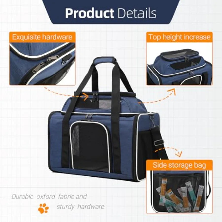 Blue Soft-Sided Pet Carrier for Large Cats Small Dogs Airline Approved with Shoulder Strap Removable Mat Breathable Soft Mesh C