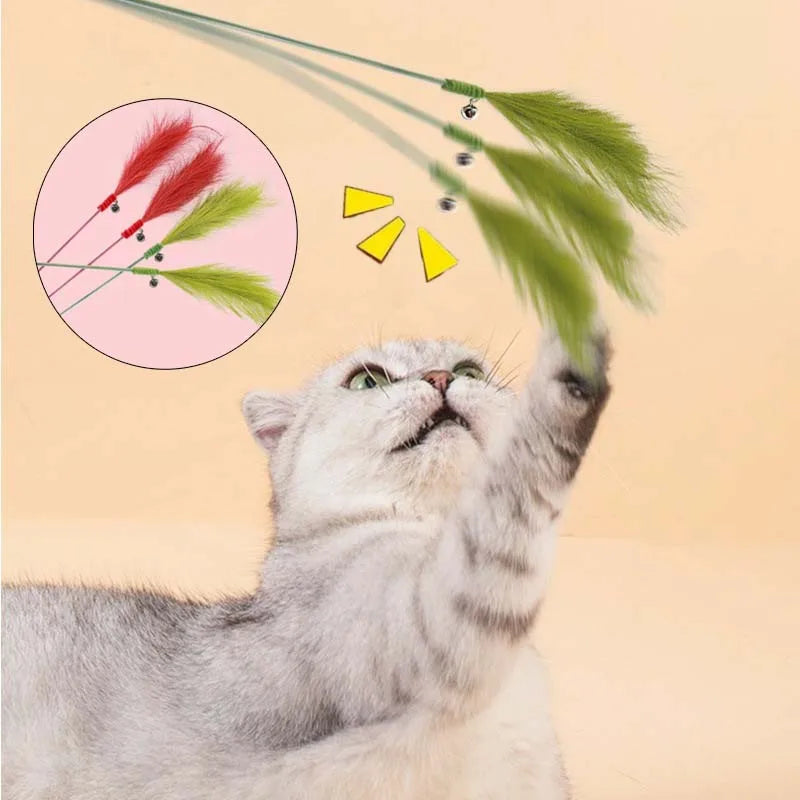 Cat Teaser Stick Toy Squeaky Bell Simulated Reeds Shape Interactive Kitten Toy Bite Resistant Teeth Cleaning Cat Toy Supplies