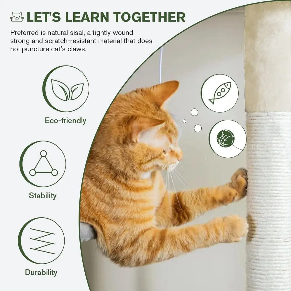 68 Multi-Tiered Large Cat Tower for Big Cats with Condo, Plush Perches, Sisal Posts, Hammocks, and Playhouse - Beige