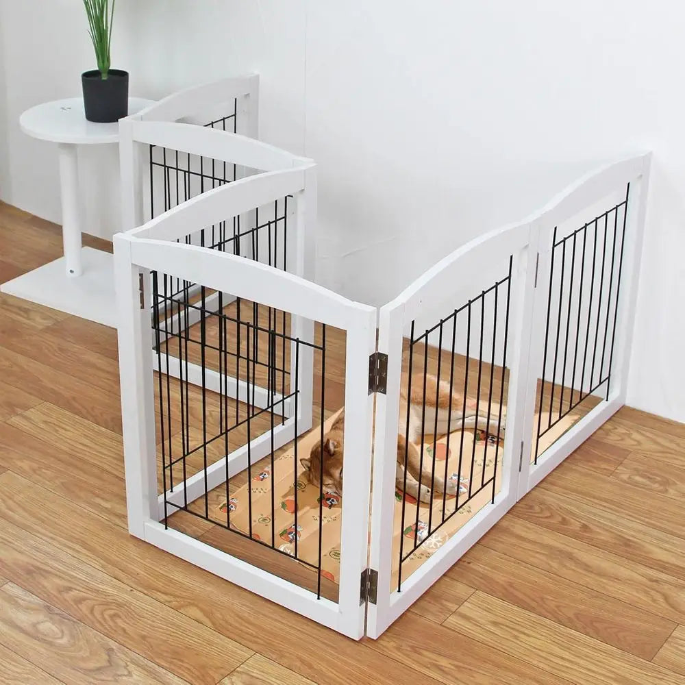 Freestanding Foldable Dog Gate for House Extra Wide Wooden White Indoor Puppy Gate Stairs Dog Gates Doorways Tall Pet Gate 4 Pan
