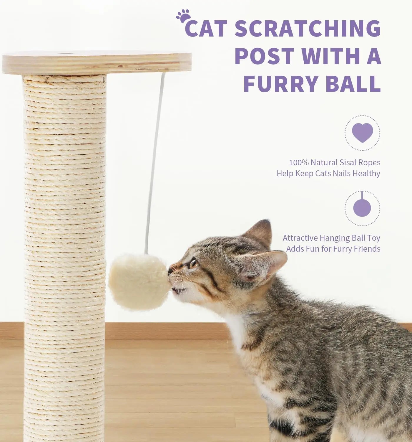 Made4Pets Cat Scratching Post 17.7" - Two-Layer Sisal, Ball Track & Dangling Toy - Interactive Kitten Scratcher for Indoor Cats