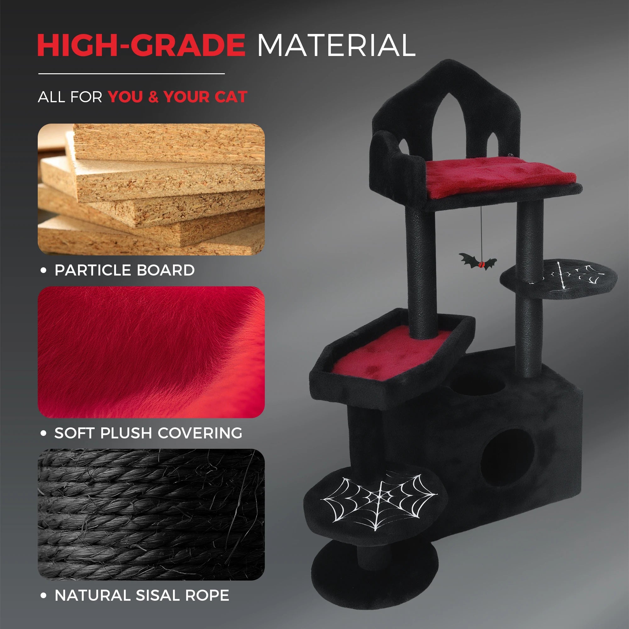 ‌Spooky Black Gothic Cat Tree Tower – 58" Multi-Level with Scratching Posts, Hammock & Interactive Toy for Indoor Cats