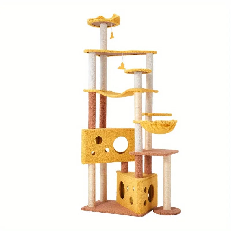 EROMMY 72'' Cheese Cat Tree Tower for Small & Medium Cats – Indoor Cat House with Perch, Hammock & Scratching Post, Yellow