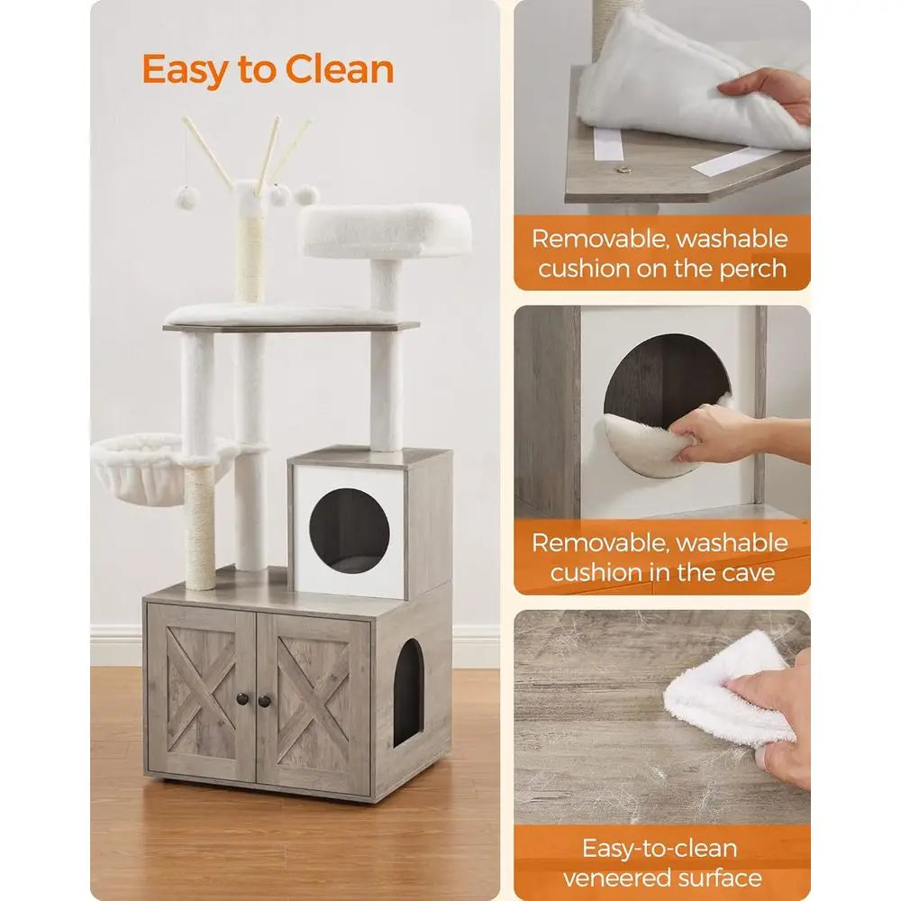 Feandrea Cat Tree with Litter Box Enclosure, 2-in-1 Modern Cat Tower, 55.1-Inch Cat Condo with Scratching Posts, Removable Pompo