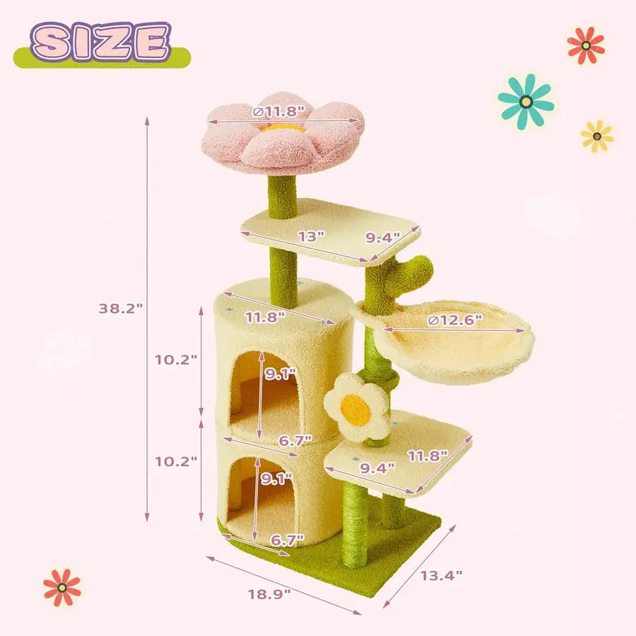 Flower Cat Tree, 38.2 Inches Cat Tower, MultiLevel Indoor Kitty Tree Tower, Kitty House with Cozy Top Flower Platform, Spacious