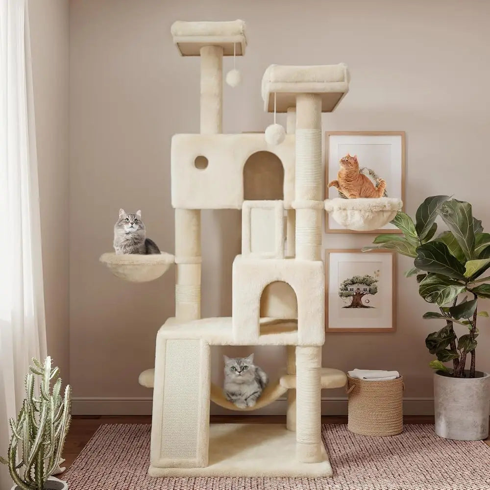 65 Indoor Cat Tree Tower with Multi-Level Play, Plush Perches, Baskets, Scratching Posts, and Hammock - Beige