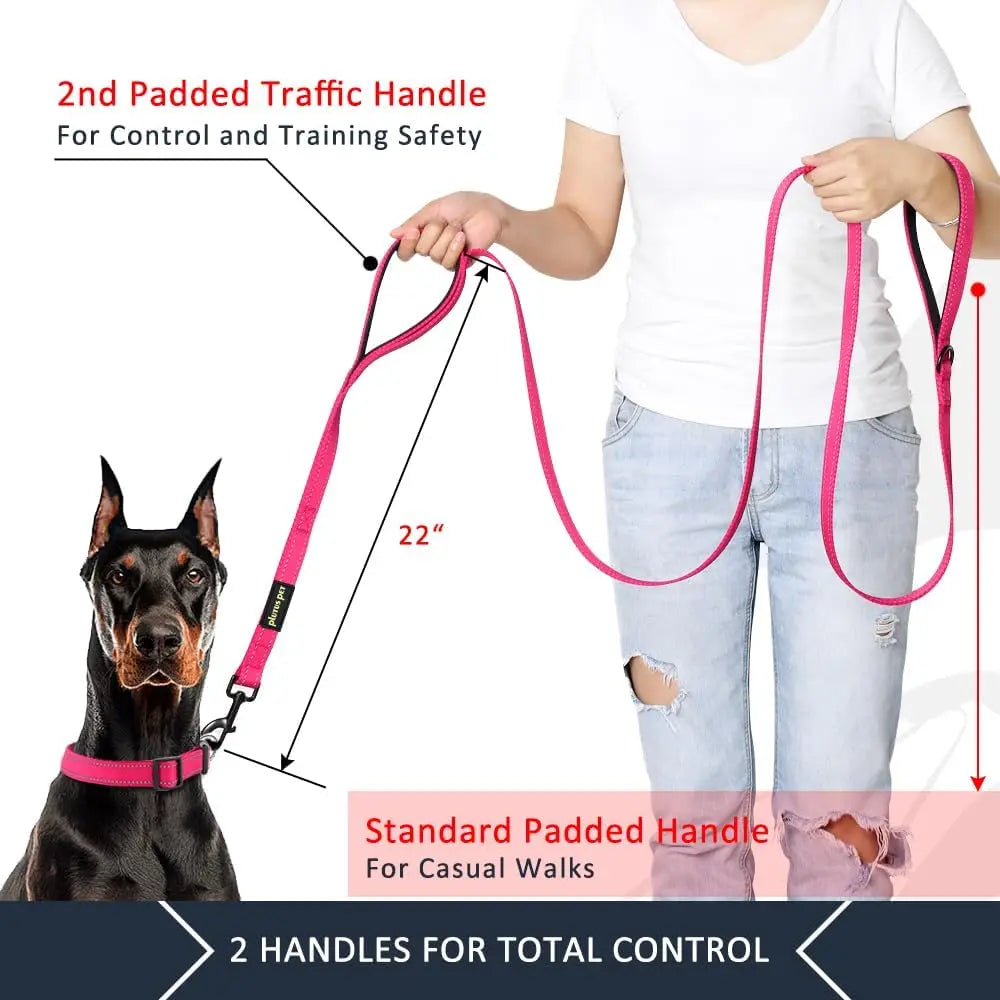 Double Handle Dog Leash 6ft Long, Padded Heavy Duty Reflective Training Lead for Medium Large Dogs in Pink