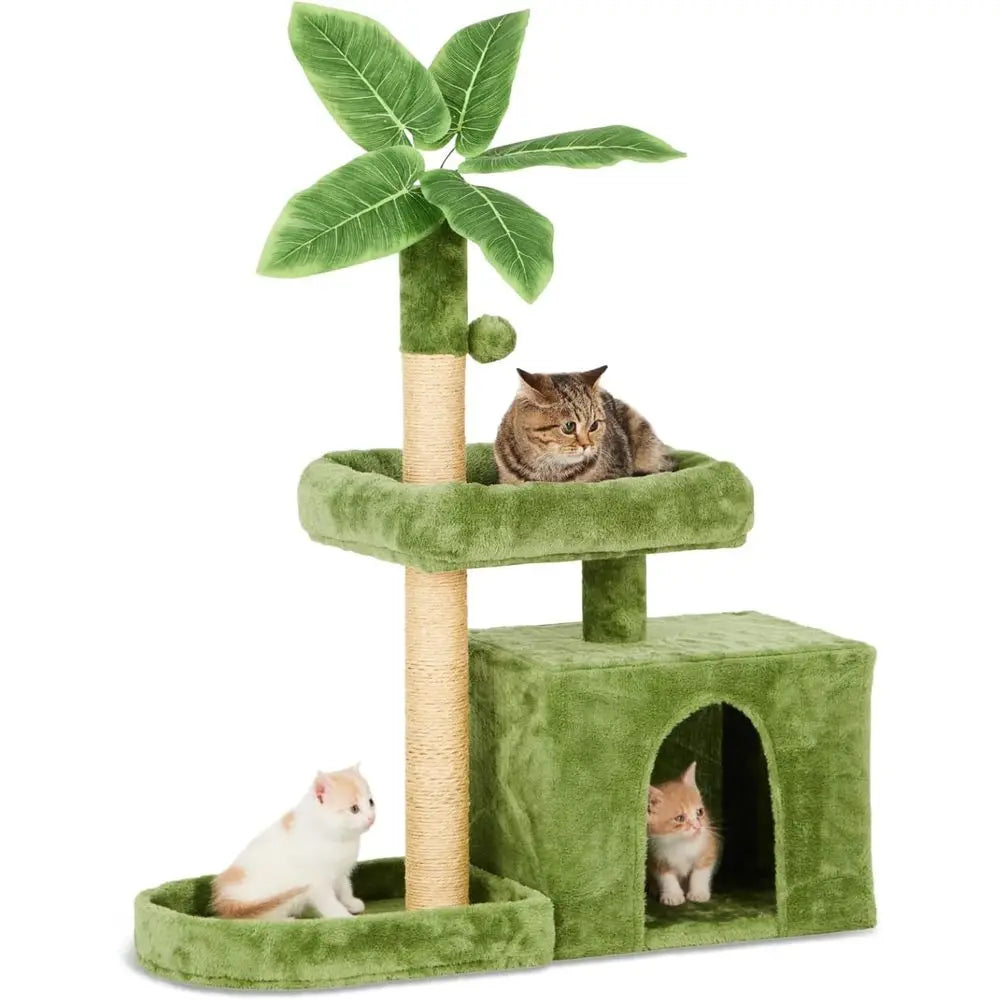 Green Leaf-Inspired Cat Tree Tower with Plush Cozy Spaces, Hanging Ball, and Leaf-Shaped Design for Scratching and Play