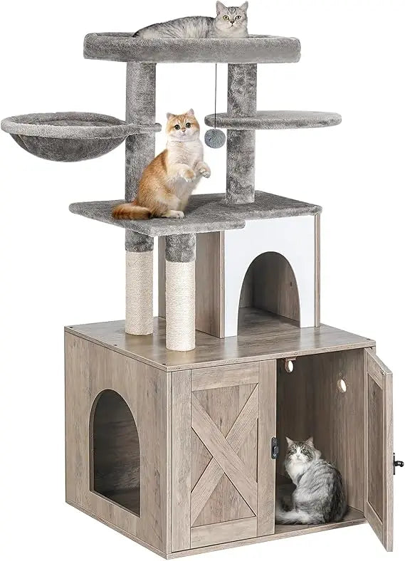 Snughome Cat Litter Box Enclosure with Tree Tower and Condo, Hidden Washroom Furniture with Sisal Scratching Post and Soft Plush