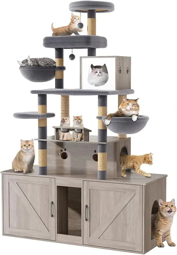 Cat Tree with 2 Litter Box Enclosures, All-in-One Cat Tower, Cat Condo with Sisal Scratching Posts, Hammocks, Detachable Plush B