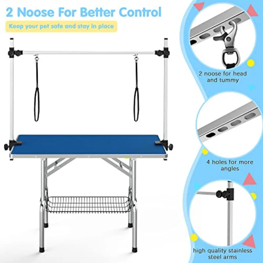 36''Large Dog Grooming Table Adjustable Cat Drying Desktop with Arms Nooses Mesh Tray Foldable Pet Station at Home Maximum Capa