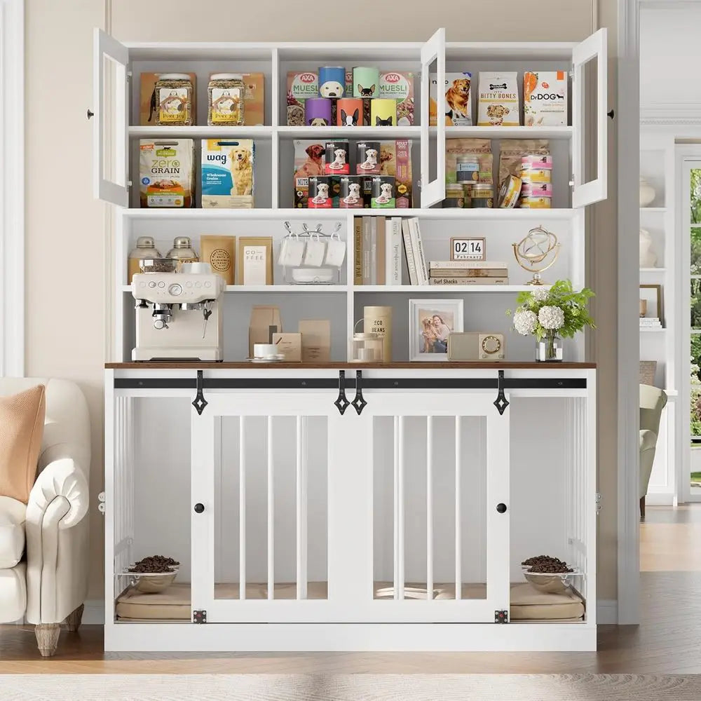Large White Indoor Dog Crate with Hutch, Glass Door, Divider, and Feeding Bowls for Large Dogs or 2 Pets