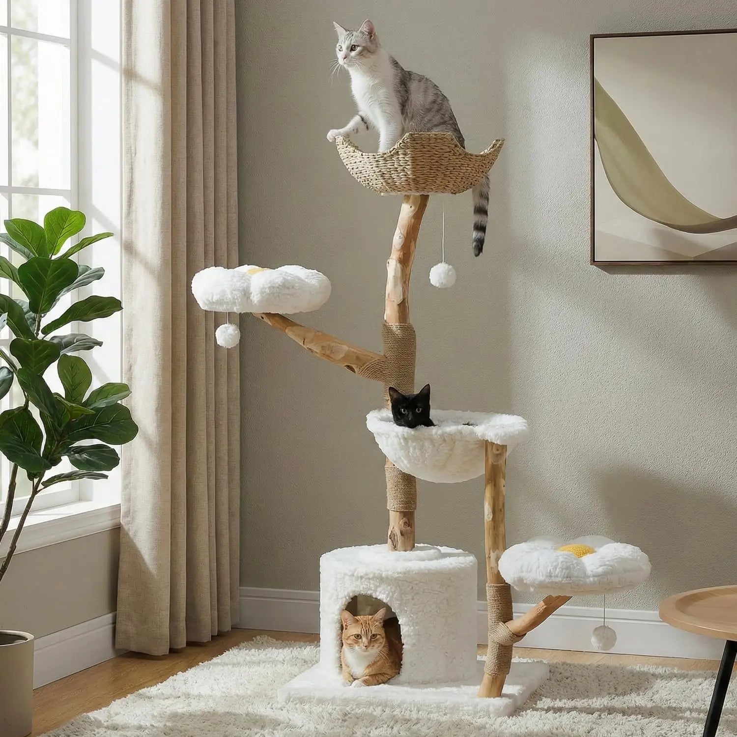 59" Modern Cat Tree Tower for Large Cats w/2 Flower Perches-Natural Solid Wood Scratching Post with Real, Customized